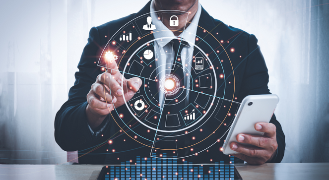 A man's torso in a black and white suit interacting with a transparent screen, pushing a button
